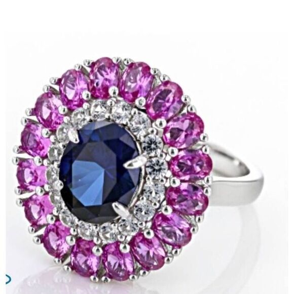Stunning 5.54 Ct. Oval & Round Lab Blue~Pink & White Sapphire Gemstone Ring #8 - Picture 5 of 5